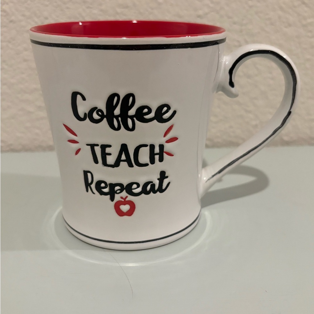 Large teacher coffee mug, white/black/red, “coffee teach repeat”